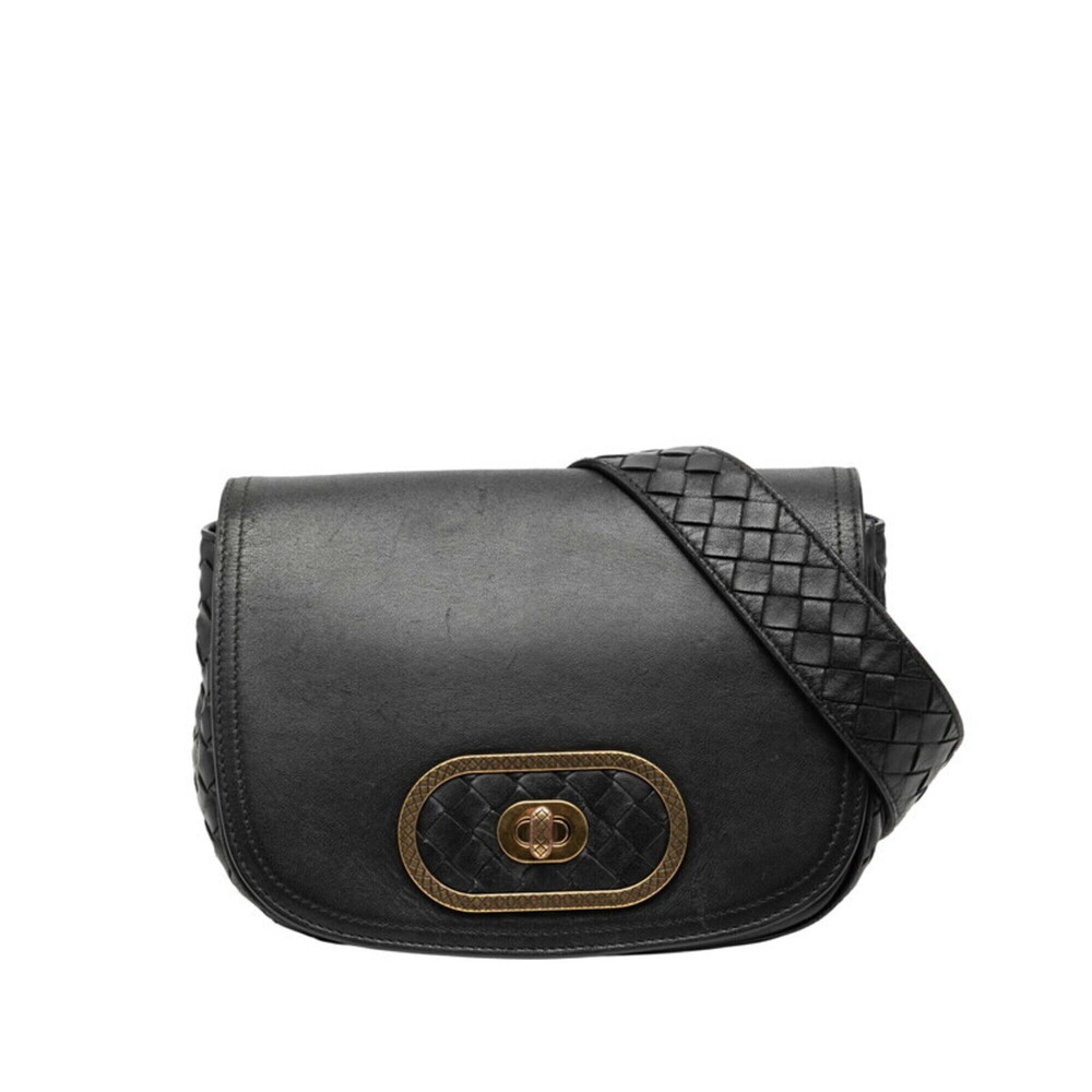 Bottega Veneta Intrecciato Crossbody Shoulder Bag 550436 Black Leather Women'...